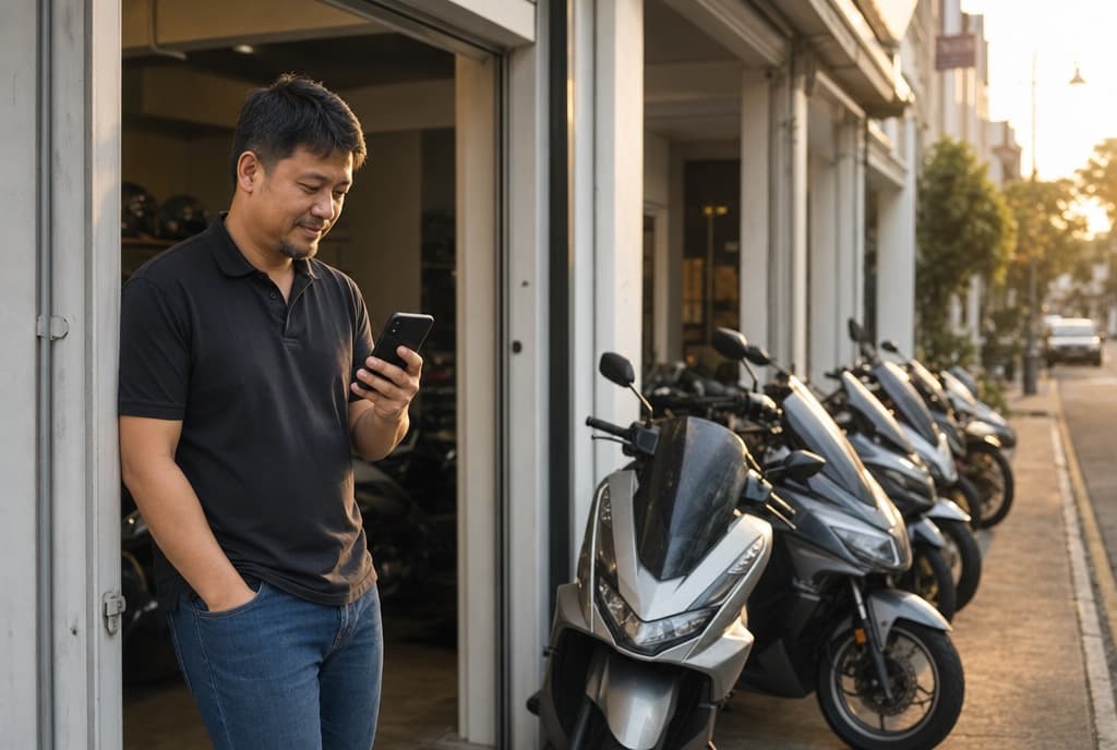 A shop owner checking his phone outside his shophouse at golden hour, scooters parked behind him